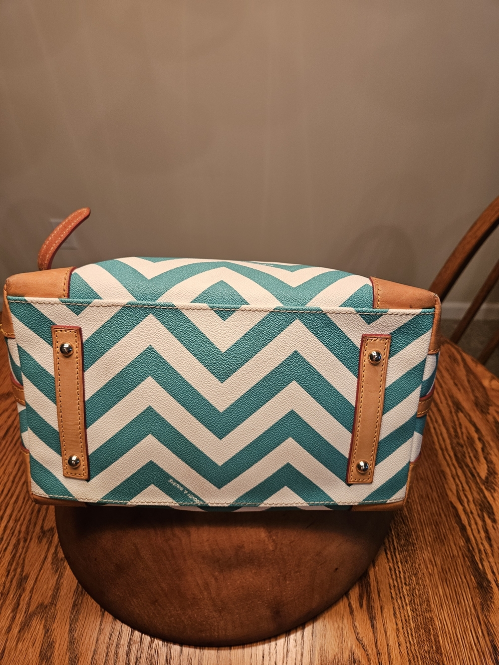 Dooney & Bourke Teal Chevron Satchel with Tan Leather Trim - Picture 7 of 11